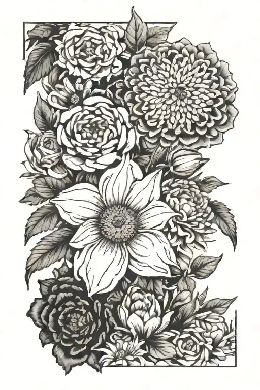 Floral hip tattoo including daffodils, roses, poppies, asters, marigolds, and chrysanthemums. simple and cute  tattoo design idea