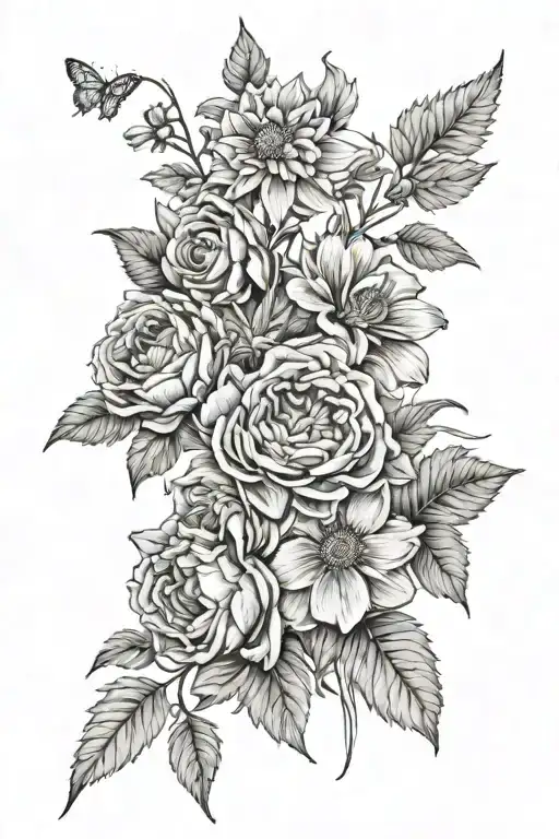 Floral hip tattoo including daffodils, roses, poppies, asters, marigolds, and chrysanthemums. Black and white tattoo design idea