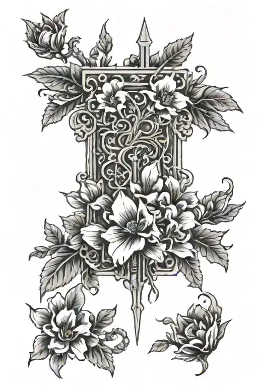 Claymore facing down with flowers tattoo design idea