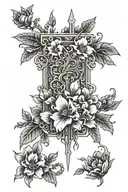 Claymore facing down with flowers tattoo design idea