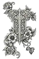 Claymore facing down with flowers tattoo design idea