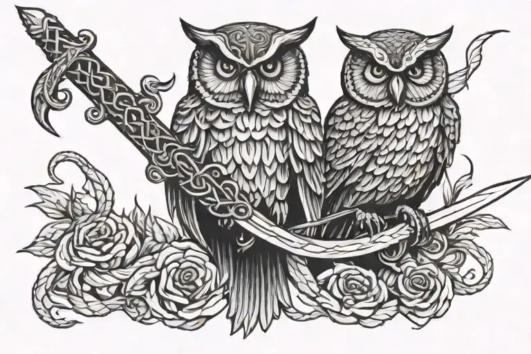 Owl perched on sword with snake coiled tattoo design idea