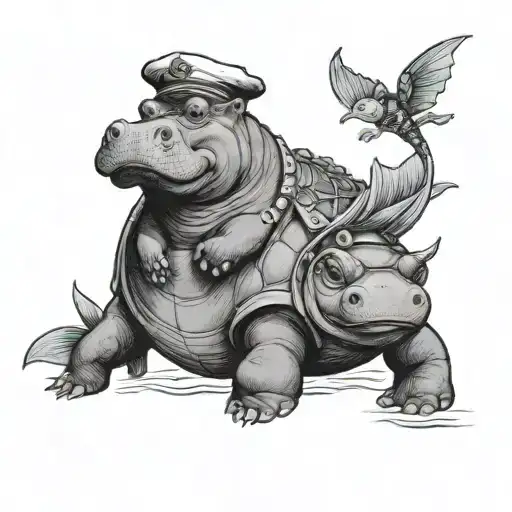 A whimsical tattoo design of a hippo wearing a captain's hat, riding a turtle in the ocean with a mermaid tail, symbolizing the client's love for hippos, turtles, and the sea. tattoo design idea