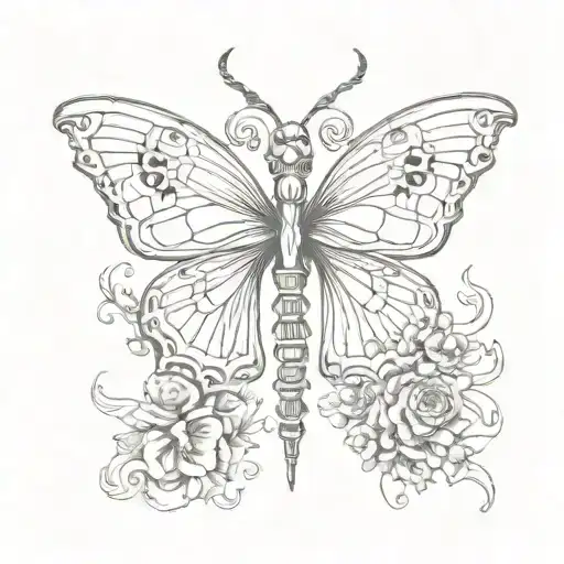 black and white gothic butterfly skeleton tattoo design idea