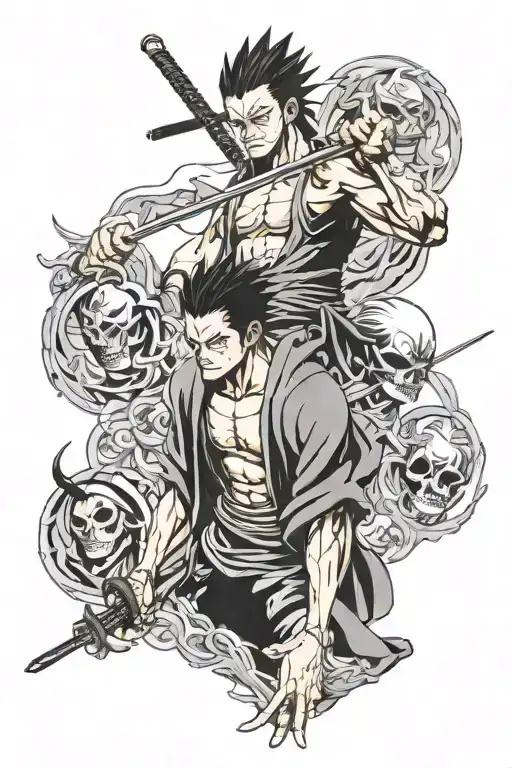 anime character - roronoa zoro, zaraki kenpachi, itachi uchiha, seven deadly sins ban tattoo design idea