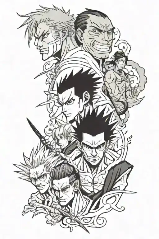 anime character - roronoa zoro, zaraki kenpachi, itachi uchiha, seven deadly sins ban faces tattoo design idea