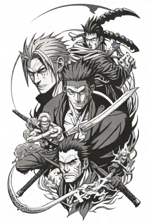 anime character - roronoa zoro, zaraki kenpachi, itachi uchiha, seven deadly sins ban tattoo design idea