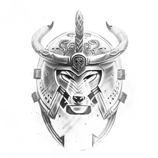 spartan helmet Viking longship wolf stag tattoo design idea