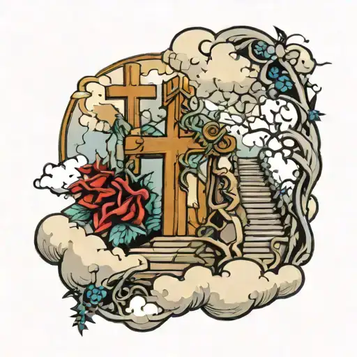 Three crosses wrapped in thorn vines at the base of a staircase leading to heavens gates with clouds and mountains  tattoo design idea