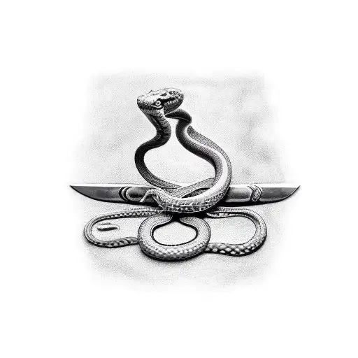 A realistic depiction of a snake wrapped around a sword with Roman words tattoo design idea