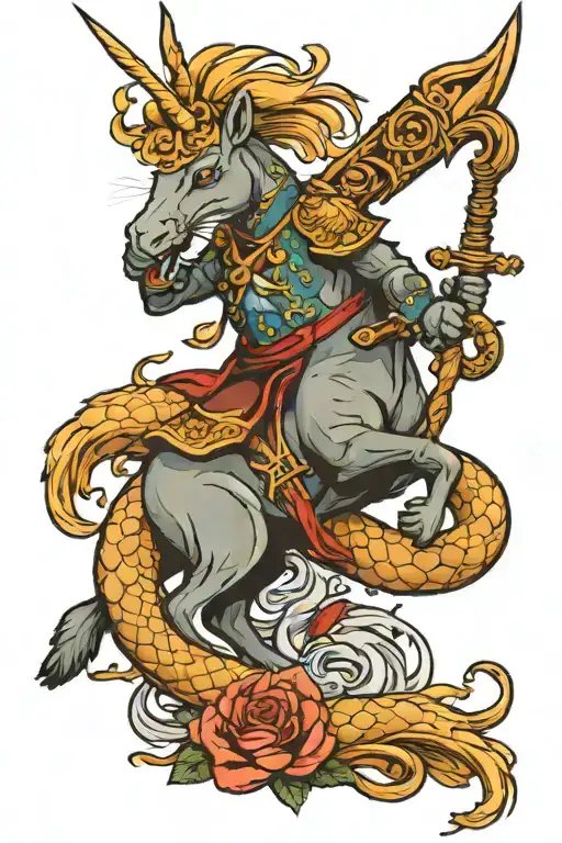 a rabbit riding a unicorn kills an anaconda with a spear tattoo design idea