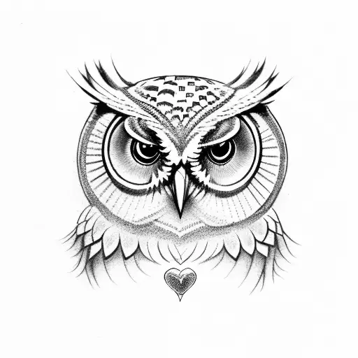 owl with heart and alphabets - o and m tattoo design idea