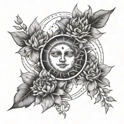 An intricate tattoo design of a sun and moon intertwined with flowers, symbolizing the balance between light and dark in your life tattoo design idea