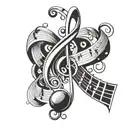 A tattoo design combining elements of music notes and a cross to represent your love for music and faith in God tattoo design idea