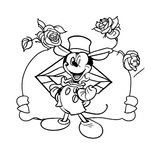 A minimalist silhouette of Mickey Mouse surrounded by roses tattoo design idea