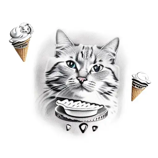 ice cream with cookie and cat tattoo design idea