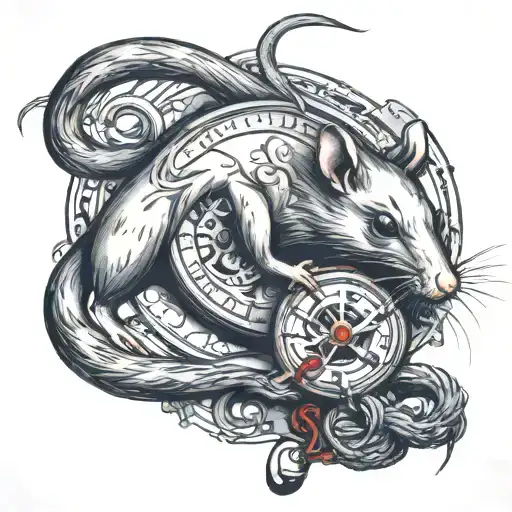 rat, red string, pocket watch mechanism intertwined tattoo design idea