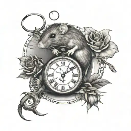 Cute rat holding a rose or sunflower, and a pocket watch intertwined put together as one tattoo  tattoo design idea