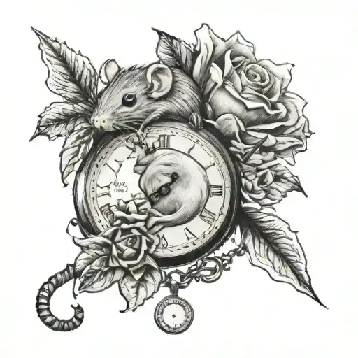 Cute rat, pocket watch, rose, sunflower put together as one tattoo black grey tattoo  tattoo design idea