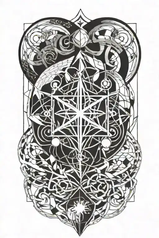 Quantum mechanics symbol intertwined with a geometric pattern tattoo design idea