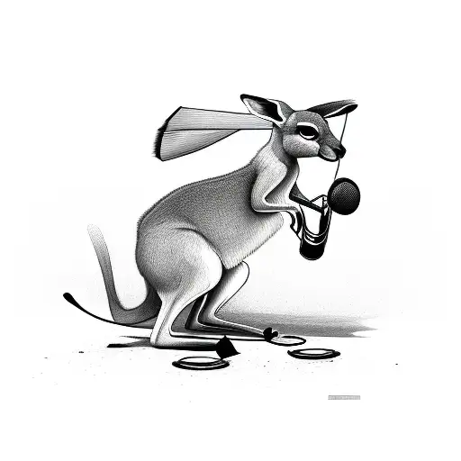 boxing Kangaroo on the beach with music notes, banana trees in the back grou d tattoo design idea