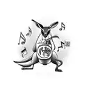 boxing Kangaroo on the beach with music notes, banana trees in the back grou d tattoo design idea