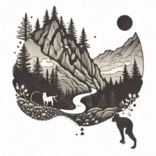 A minimalist tattoo design of a hiking trail winding through the mountains, with paw prints of a cat and dog scattered a tattoo design idea