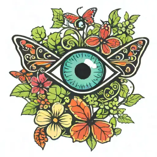 An evil eye surrounded by four-leaf clovers for protection and luck, with a butterfly symbolizing transformation and growth tattoo design idea