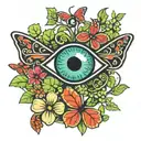 An evil eye surrounded by four-leaf clovers for protection and luck, with a butterfly symbolizing transformation and growth tattoo design idea