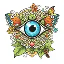 An evil eye surrounded by four-leaf clovers for protection and luck, with a butterfly symbolizing transformation and growth tattoo design idea
