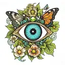 An evil eye surrounded by four-leaf clovers for protection and luck, with a butterfly symbolizing transformation and growth tattoo design idea