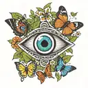 An evil eye surrounded by four-leaf clovers for protection and luck, with a butterfly symbolizing transformation and growth tattoo design idea