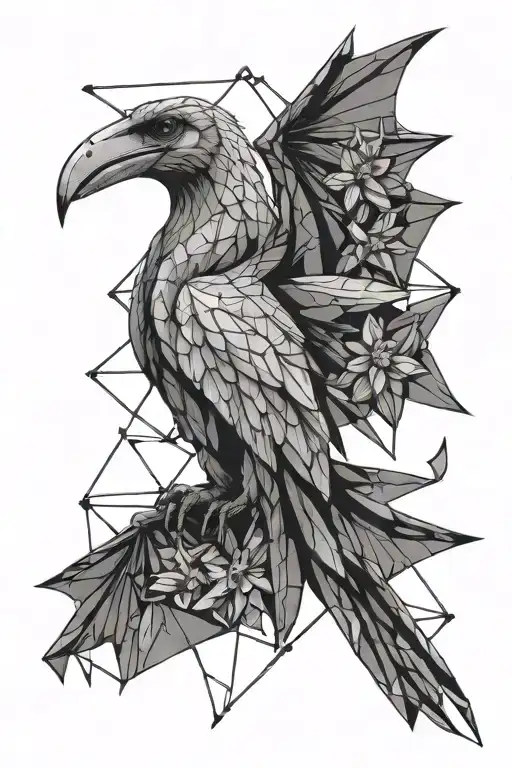 pterodactyl angry against the background of daffodils tattoo design idea