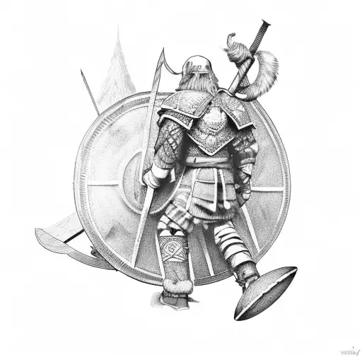 Nordic warrior with a football-shaped shield and a worker's tool tattoo design idea