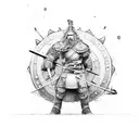 Nordic warrior with a football-shaped shield and a worker's tool tattoo design idea