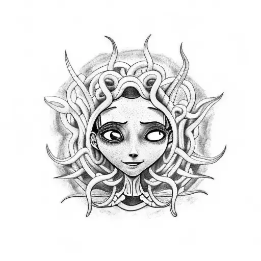 A unique tattoo idea combining the movie Coraline with a minimalist portrayal of Medusa tattoo design idea