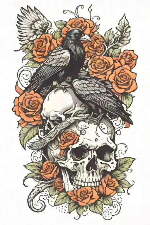 crow sitting on skull with snake intertwined with skull and flowers   tattoo design idea