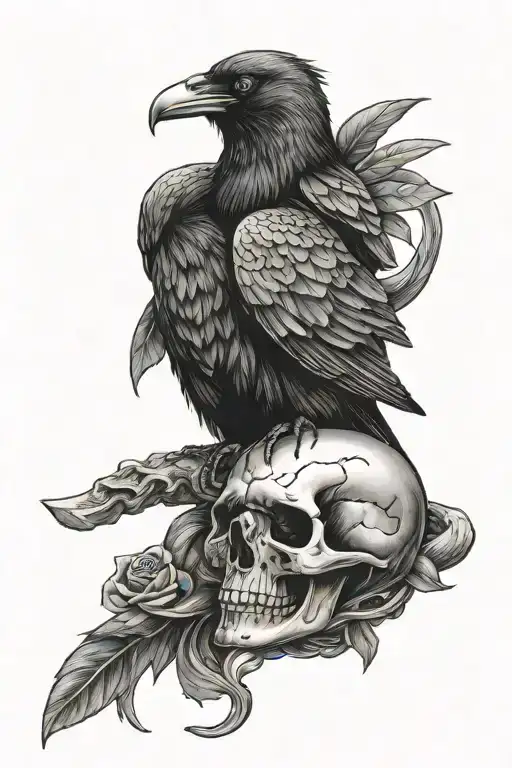 raven sitting on skull with snake crawling through the skull   tattoo design idea
