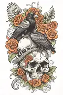 crow sitting on skull with snake intertwined with skull and flowers   tattoo design idea