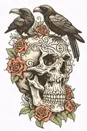 crow sitting on skull with snake intertwined with skull and flowers   tattoo design idea