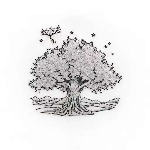 a towering oak tree with a deep violet ribbon wrapped around its lowest branch. The ribbon is tied in a messy not, and i tattoo design idea