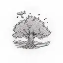 a towering oak tree with a deep violet ribbon wrapped around its lowest branch. The ribbon is tied in a messy not, and i tattoo design idea