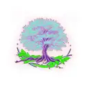 a towering oak tree with a deep violet ribbon wrapped around its lowest branch. The ribbon is tied in a messy not, and i tattoo design idea