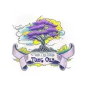 a towering oak tree with a deep violet ribbon wrapped around its lowest branch. The ribbon is tied in a messy not, and i tattoo design idea