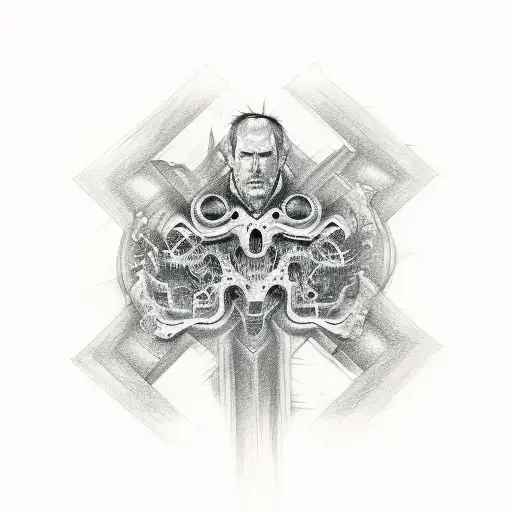 a drawing of a man's torso, lsd tattoo design,concept tattoo design, cyberpunk demonic symbols, hyper - realistic tattoo tattoo design idea