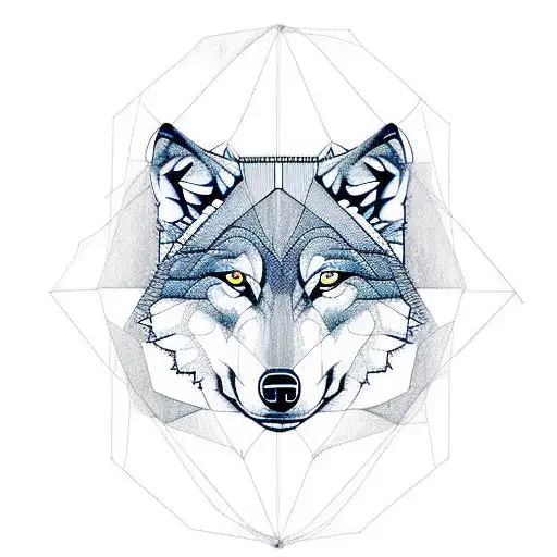 Wolf inside of a rhombus, a straight Line Cuts the Rhombus in half . On the Line are triangles facing Up and down tattoo design idea