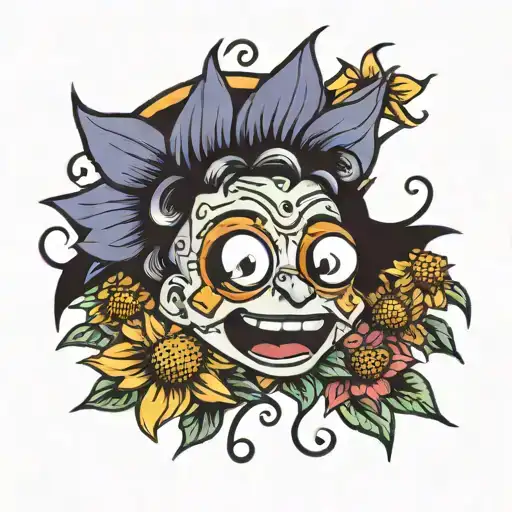 A new-school tattoo of a playful cartoon character representing bipolar disorder, with sunflowers and colorful elements symbolizing hope and positivity tattoo design idea