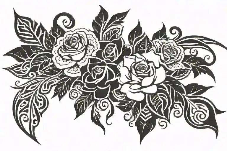 Polynesian flower and English Rose with tribal pattern tattoo design idea