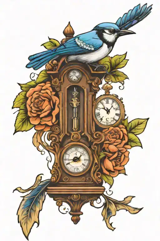 grandfather clock with blue jay on top tattoo design idea