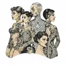 four people in sheer clothes with patterns tattoo design idea